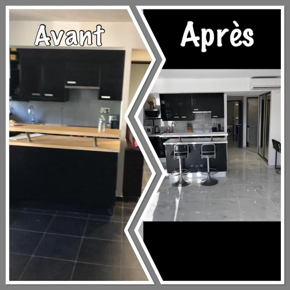 Cuisine ouverte sur séjour rénovée avant/après - Assistance Côte Fleurie, Calvados