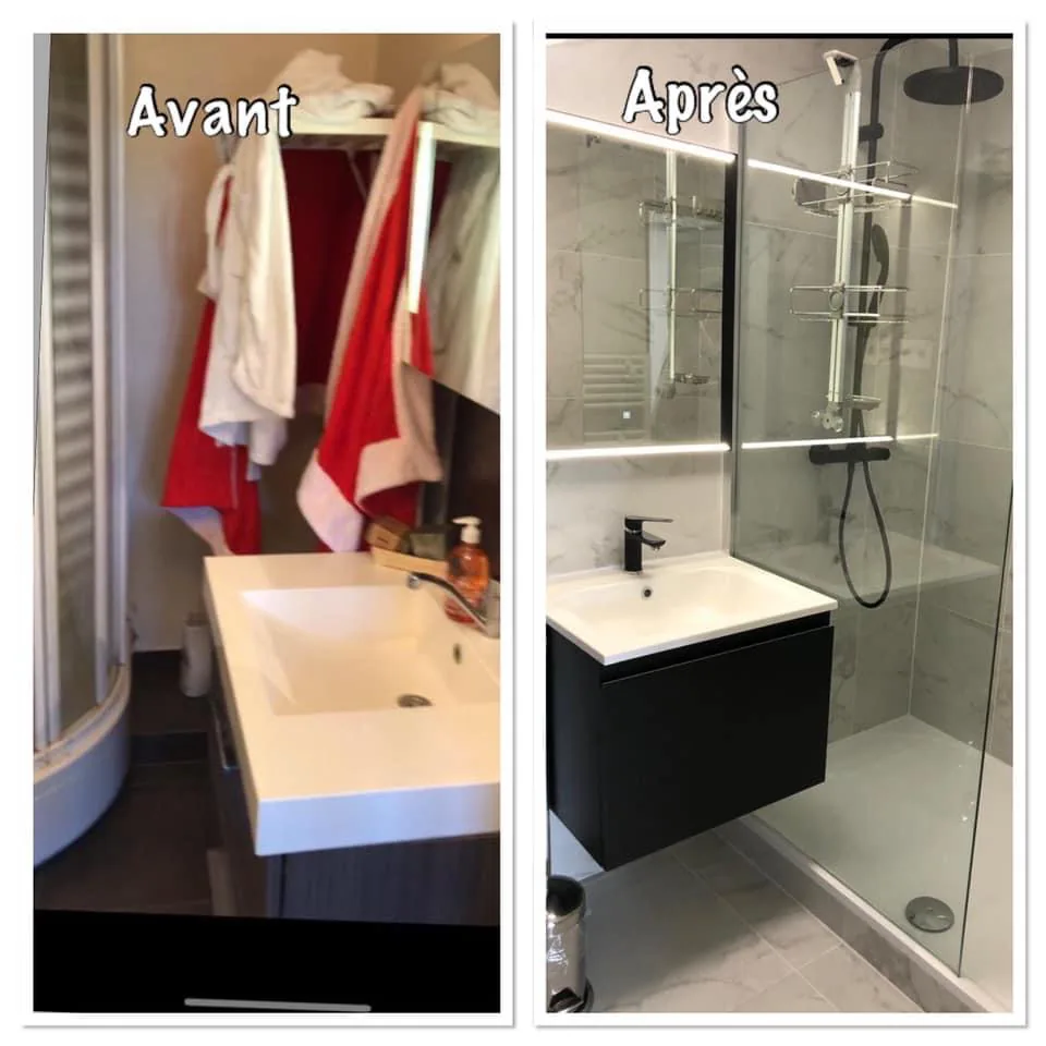 Salle de bain avec douche à l'italienne, rénovation avant/après - Assistance Côte Fleurie, Trouville-sur-Mer