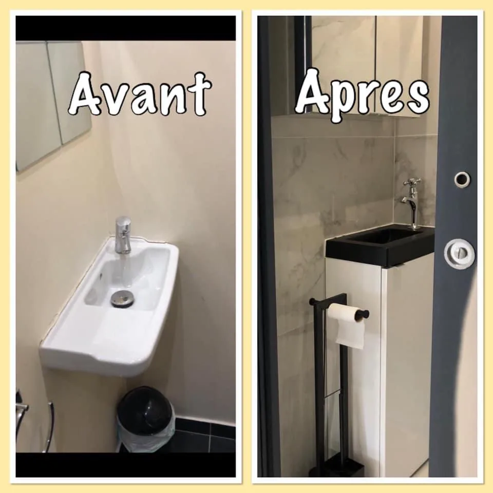 Rénovation de WC avec lave-mains design, avant/après - Assistance Côte Fleurie